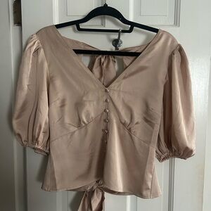 Abercrombie & Fitch Champagne Puff Sleeve Blouse With Bow Open Back